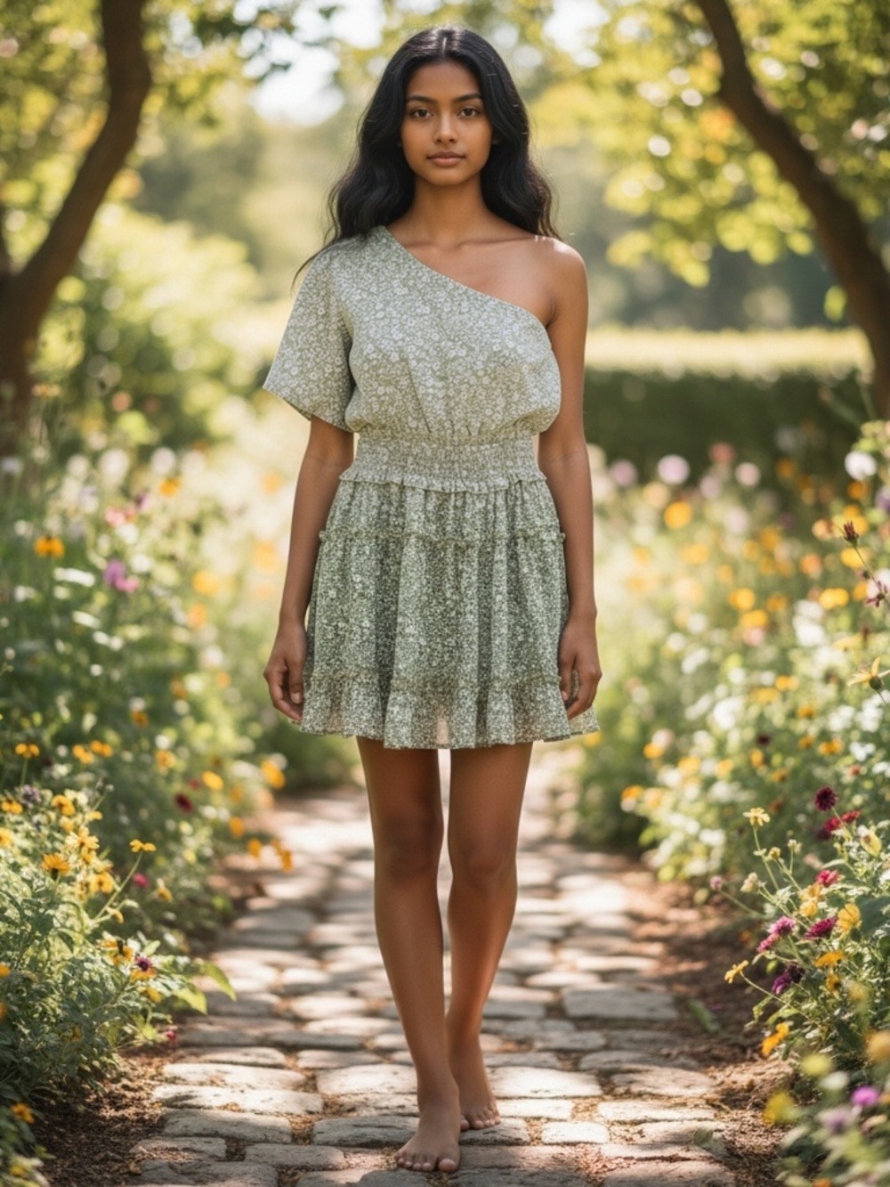 BaeVely One-Shoulder Green Floral Mini Dress